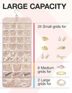 BAGSMART Hanging Jewelry Organizer Storage Roll with Hanger Metal Hooks Double-Sided Jewelry Holder for Earrings, Necklaces, Rings on Closet, Wall, Door, 1 piece, Large, Pink