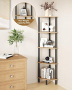IBUYKE 5 Tier Corner Shelf Stand,Industrial Corner Display Rack,Corner Bookshelf for Living Room, Bedroom, Kitchen, Home Office, Oak WBC010K