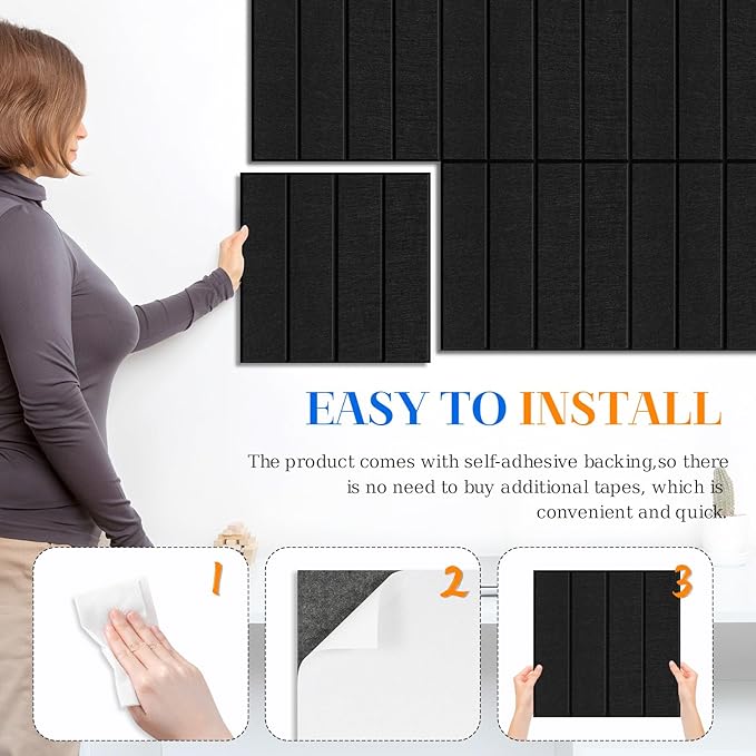 DOLLAR BOSS Felt Cork Board Tiles, 6 Packs 12" x 12" 1/2" Thick Bulletin Board Adhesive Acoustic Panels Soundproof Corkboards for Walls with 60 Pushpins for Home Office Kitchen School, Black Stripe