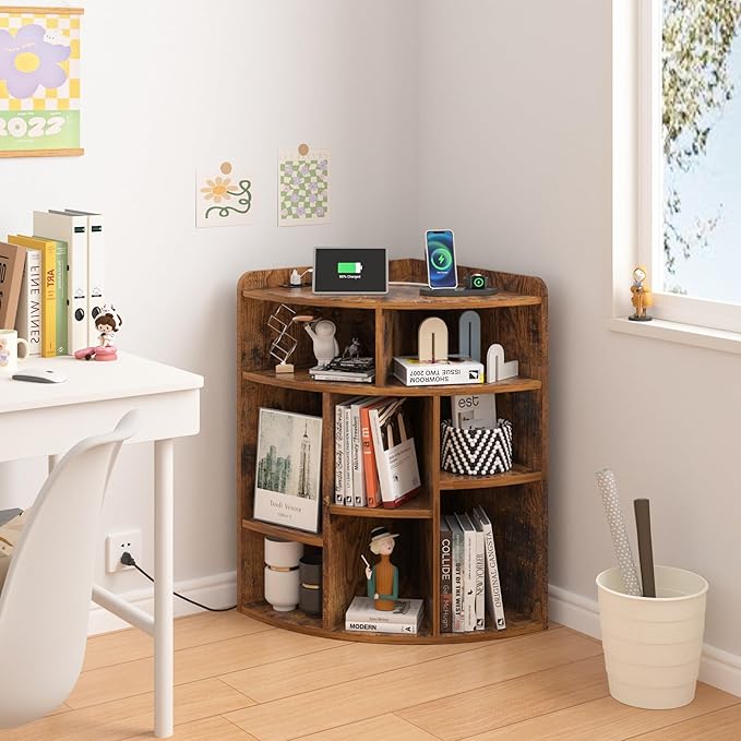 VECELO Corner Cube Shelf with USB Ports & Outlets, Modern Corner Toy Storage Rack with Adjustable Shlef, Wooden Display Bookshelf Bookcase for Living Room, Bedroom, Dining Room, Kitchen, Brown