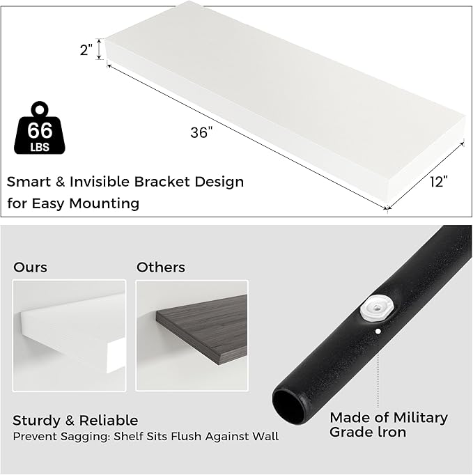 Venusmiles Floating Shelves for Wall, 36 Inch Wide x 12 Inch Deep Floating Shelves, Long Wood Floating Wall Shelf Shelves for Living Room Bathroom Bedroom Kitchen Home - (White, 36" W x 12" D x 2" H)