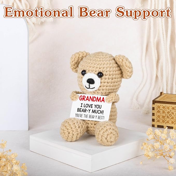 WELLBANEE Mothers Mom Day Gifts for Grandma, Bear Birthday Gifts for Grandma from Granddaughter Grandson Grandkids, Nana Gigi, I Love You Handmade Emotional Positive Crochet Bear Decor