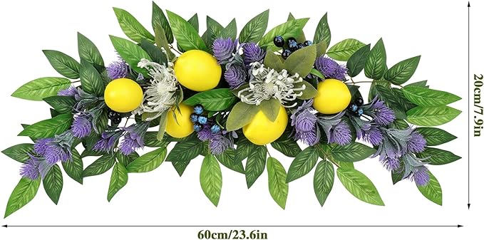 23.6 Inch Artificial Lemon Swag, Decorative Fruit Swag with Lavender, Yellow Lemon & Green Leaves, Spring Summer Floral Swag Door Swag for Front Door Wall Window Wedding Home Decor