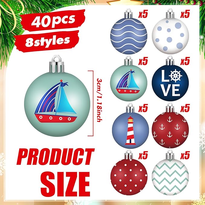 HyDren 40 Pcs Nautical Ornaments 1.2 Inch Summer Tree Decorations Anchor Sea Life Nautical Hanging Decorations Beach Tree Ornaments for Coastal Home Office Party Decor Gift