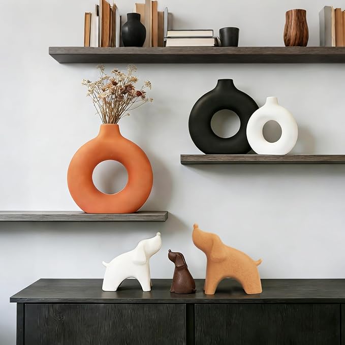 Querro Modern Ceramic Vase Set of 3 - Minimalist Matte Decorative Flower Vases for Modern Farmhouse Home Decor | Small Aesthetic Vases for Living Room Shelf, Table Centerpiece, Mantle, Office Decor