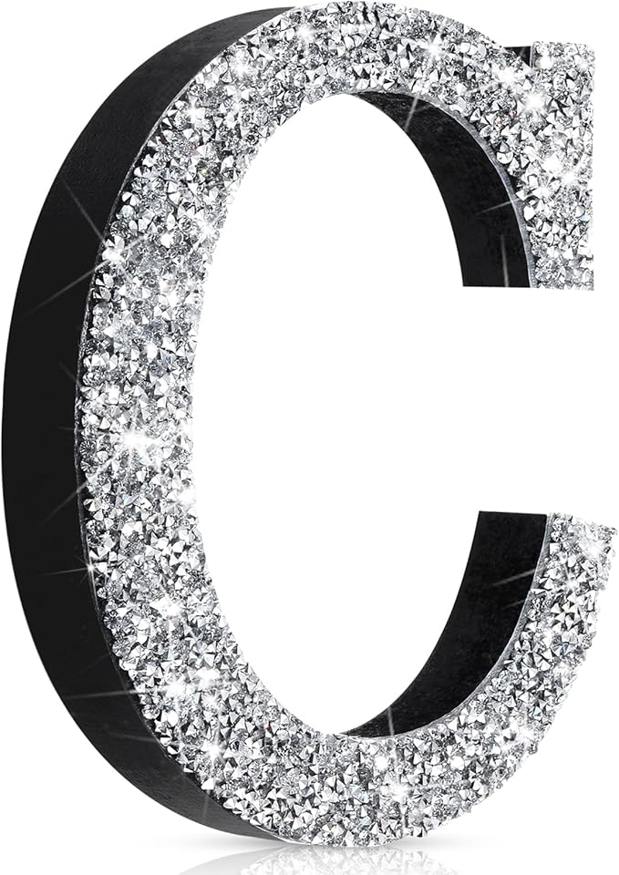 Qunclay 8'' Silver Crystal Diamond Bling Letters Crushed Diamond Decoration Wooden Glitter Letter with Screw and Hooks Rhinestone Gift for Wedding Y2k Mcbling Bedroom Wall Decor (Letter C)