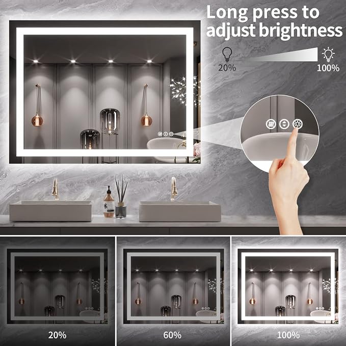 LOAAO 40X30 LED Bathroom Mirror with Lights, Anti-Fog, Dimmable, Backlit + Front Lit, Lighted Bathroom Vanity Mirror for Wall, Memory Function, Tempered Glass, ETL Listed