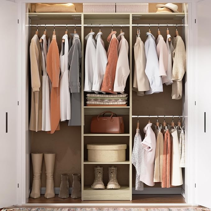 Cyclysio 4FT Small Closet System, 80"H Closet Organizer System with 4 Closets Rods & 3 Shelves, 48" Closets Organizers and Storage for Small Bedrooms, Laundry Rooms, Cloakrooms, White Oak