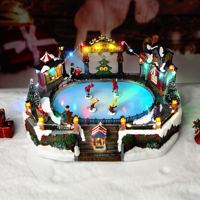 Christmas Village House Figurines Christmas Decor Estatua de la cabaña del Pueblo navideño Christmas Home Decoration Snow Globe Display Skating Pond Animated Multicolor Lighted with 8 Music X-Large