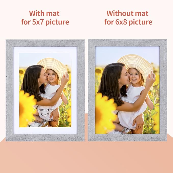 Lyeasw 5x7 Picture Frame 15 Pack, Display Pictures 5x7 with Mat or 6x8 without Mat, Grey Bulk Photo Frames for Wall or Tabletop