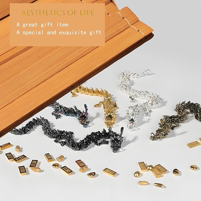 LIYAOLI 5 Pcs Metal 3D Printed Articulated Chinese Dragon Figurine Statue Bookshelf Decor 9 Inch Flexible Joints Luck Dragon for Home Office Desk Decoration