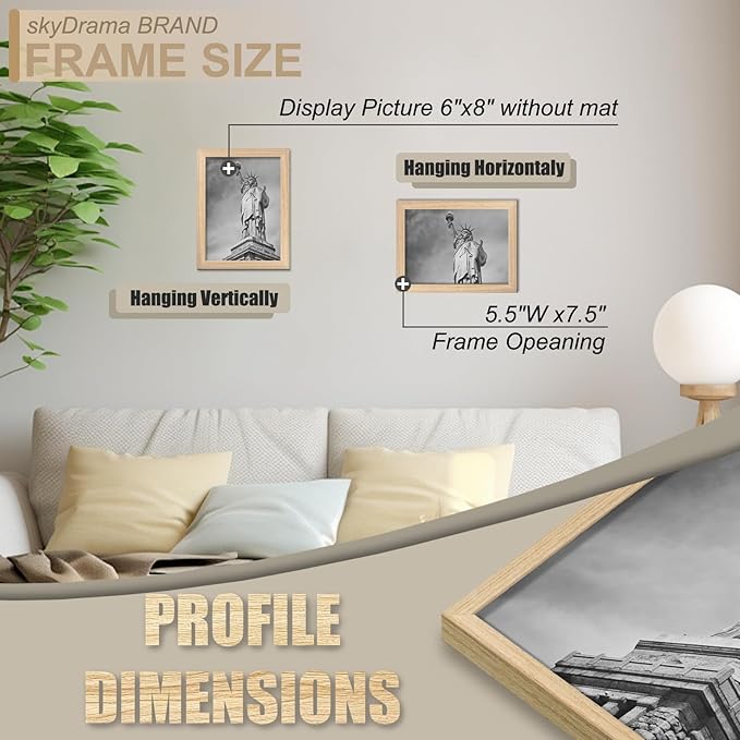Natural Solid Wood 6x8 Picture Frame, Display 6 x 8 Inch Picture Poster Photo, Vertical & Horizontal Wall Hanging - 2 Pack/Natural/6"x8"