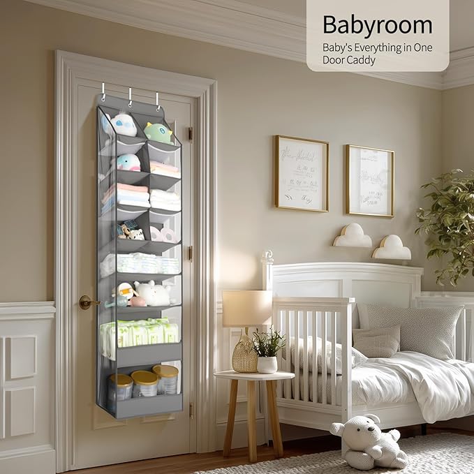 Yecaye Over the Door Shoe Organizer Hanging with Large Pockets, 8 Tier Back of Door Storage for Nursery, Closet and Bathroom, Partition Behind Door Organizers Shelf with Baby Clothes (1 Pack, Grey)