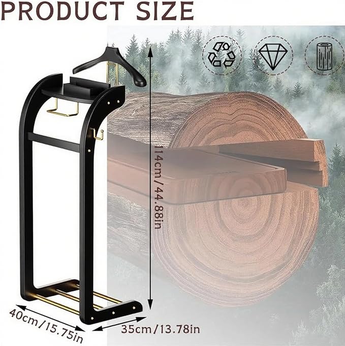 Suit Valet Stands for Women and Men, Wood Valet Stand with Base, Wardrobe Suit Valet Stand Organizer with Trouser Bar and Tie Bar, for Office Living Room (Black)