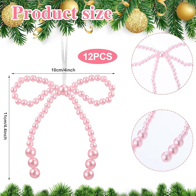 VioraWhite 12 Pcs Pearl Bow Ornaments Bowknot Tree Topper Decor Hanging Ornament Pendant Gift for Wedding Birthday Party Indoor Decoration (Pink)
