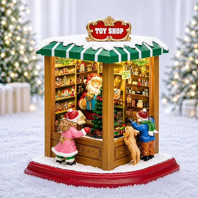 MOMENTS IN TIME Lighted Santa’s Christmas Village Shop LED Lights, Music & Animation Battery Operated 8.8” Holiday Building Christmas Decoration