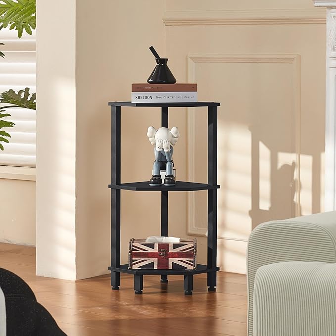 YUFAM 3-Tier Corner Shelf with Sturdy 5-Leg Base, Wooden Corner Bookshelf for Small Spaces, Small Corner Table for Living Room, Bedroom, Office, Black