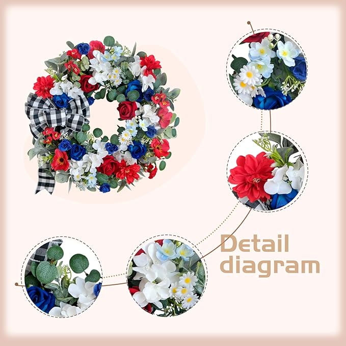 idyllic 22 Inch Patriotic Wreath 4th of July Wreaths for Front Door Red White and Blue Wreath Artificial Roses Hydrangea and Plaid Bow for Memorial Independence Day Spring Indoor Outdoor Decorations