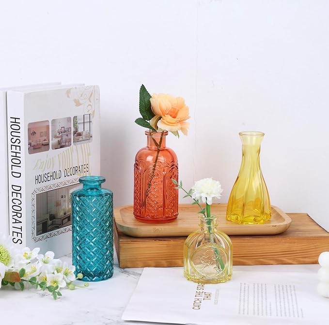 24 Pack Colorful Glass Bud Vase Set, Small Colored Vintage Vases for Centerpieces, Decorative Flower Vases for Wedding Home Table Decor