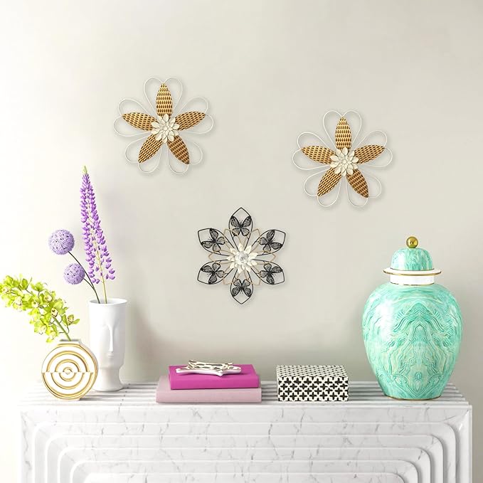 Metal Flower Wall Art Decor, 14" Rustic Modern Antique Floral Sculpture, Distressed Iron Wall Hanging Home Decoration Accent Artworks for Indoor Kitchen Bedroom Living Office Outdoor Garden Patio