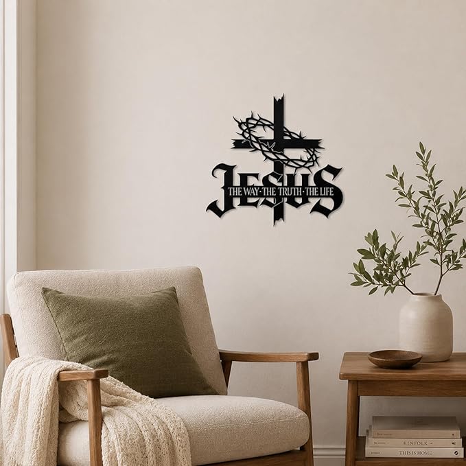 Jesus Wall Art Cross Wall Decor with Crown of Thorns - Metal Christian Wall Art "The Way The Truth The Life" Sign, Black Iron Religious Wall Art & Christian Wall Decor for Home Living Room Church(15.7"L x 15.2"W)