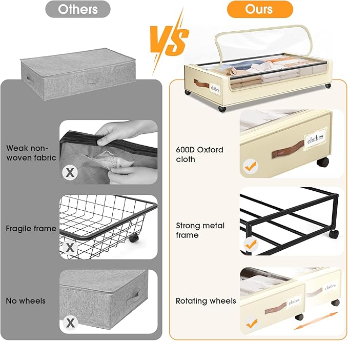 Under Bed Storage with Wheels 2Pack Underbed Storage with Clear Window&Label Under Bed Drawers Large Capacity Rolling Under Bed Storage for Clothes,Shoes, Blankets (Beige)