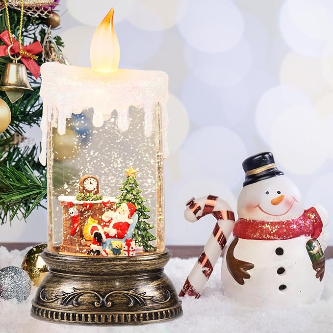 Eldnacele Christmas Music Snow Globe Candle Lamp with Timer Battery Operated & USB Powered Lighted Santa Christmas Tree Fireplace Scene Singing Spinning Water Glitters Xmas Decorations
