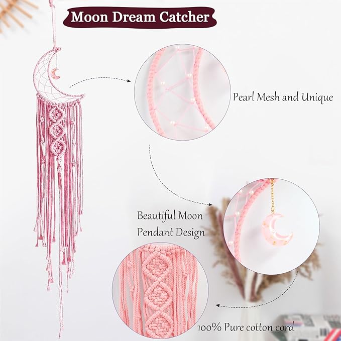 Tarklanda Moon Star Dream Catcher Decor, 2pcs Boho Home Moon Star Dreamcatcher, Macrame Wall Hanging Boho Home Decor for Kids Baby Bedroom Decoration for Women Mom Girls Craft Pink