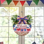 12" Patriotic Wreath Wooden Welcome Sign for Front Door, 4th of July & Memorial Day Decorations, USA 250th Anniversary Decor with Red Blue Stars Bow & Artificial Flowers for Outdoor Porch Patio Fence