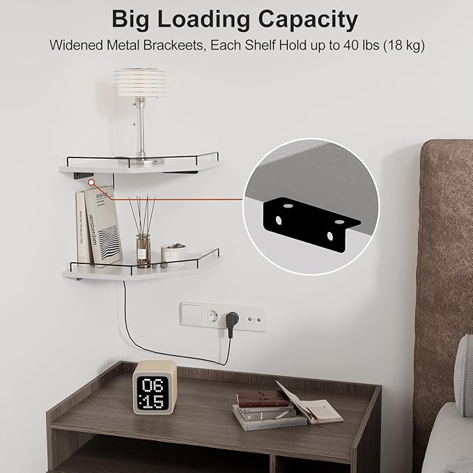 JJL Corner Shelf Wall Mounted, 12 Inches 2-Tier Floating Corner Shelf, Hexagon Rustic Wood Decor with Fence, White Floating Shelves for Apartment Bedroom Kitchen Bathroom