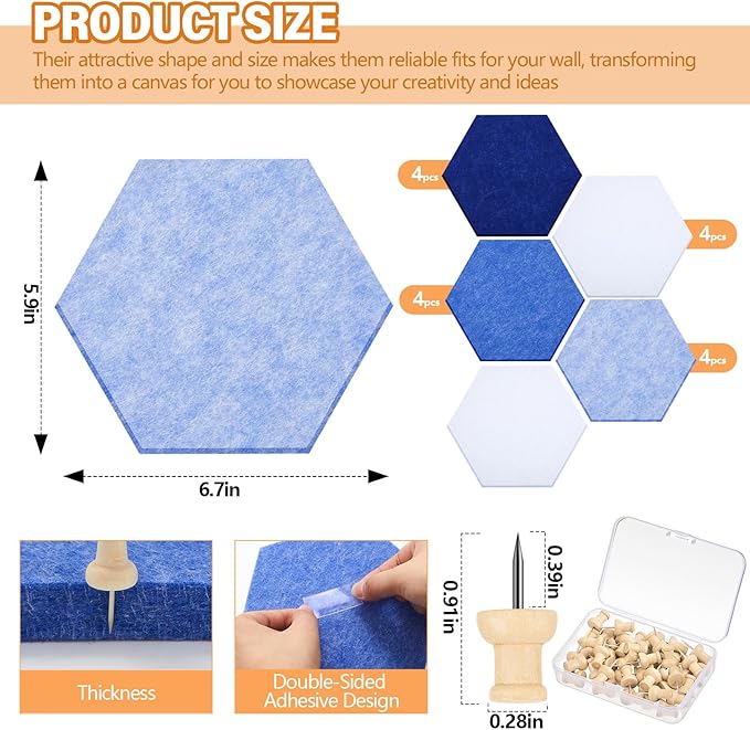 Mindsoft 16 Pcs Hexagon Cork Board for Walls with 50 Wooden Push Pins 6.7 x 5.9 in Felt DIY Tiles Notice with Nano Tape Hanging Bulletin Board for Home Photo Office Memo Note (Blue)