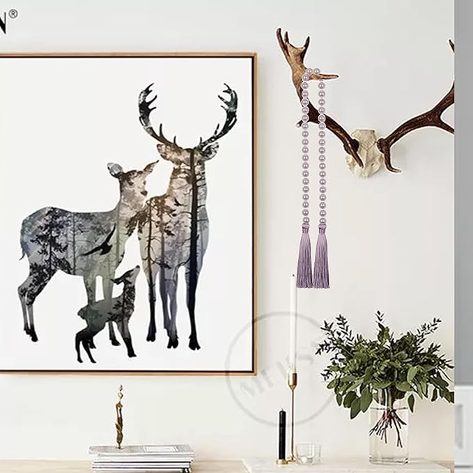 34 Inch Pearl Glass Bead Garland with Tassels - Elegant Boho Table Decor, Fringe Wall Hanging for Wedding, Party, Farmhouse Rustic Prayer Bead Home Decoration(1 Pack,Purple)