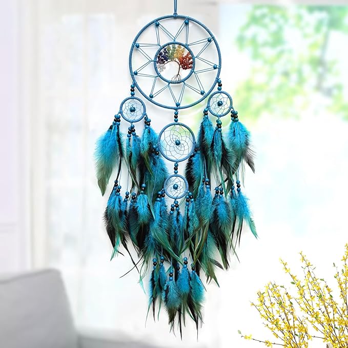 Blue Large Dream Catcher Wall Decor Crystal Tree of Life Dream Catchers Handmade Feather Dreamcatcher Wall Hanging Ornament for Bedroom Living Room Home Decor