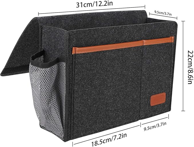 Bedside Caddy, Bed Storage Organizer for Remote Controller, Books, Magzine, Laptop Holder, 12.4'' x 8.6'' inch Bedside Hanging Felt Storage Bag for Dorm Bed with 5 Pockets, Dark Gray