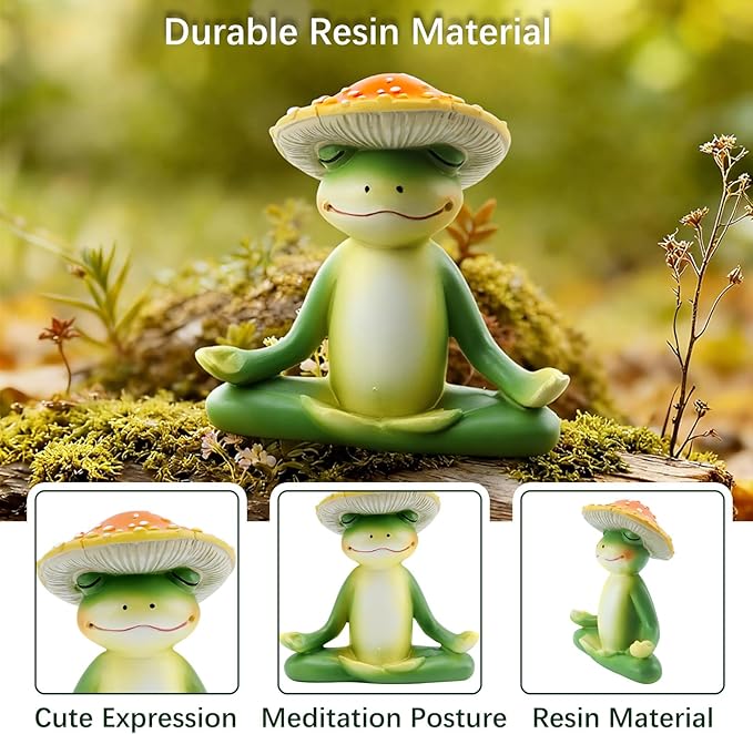 Meditation Mushroom Resin Statues – Cute Yoga Mushroom Figurines for Desk, Home, Office & Garden Decor – Zen Resin Sculptures for Living Room, Patio, Tabletop & Backyard (1 Pack, Frog)