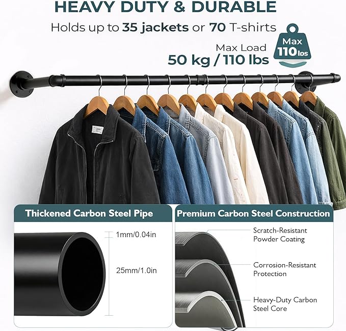 Svyrilk Industrial Pipe Clothes Rack 38.4" Wall Mounted, Heavy Duty Iron Garment Bar, Space-Saving Hanging Rod for Closet, Laundry Room, Bedroom, Black