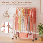 Simple Trending Clothing Clothes Rack Double Rods with Wheels, Rolling Metal Garment Rack for Hanging, Pink