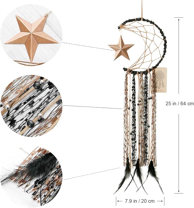 Dremisland Moon Dream Catcher Handmade Half Circle Moon Design Dream Catcher Feather Hanging with Star Home Decoration Ornament Festival Gift (Brown)