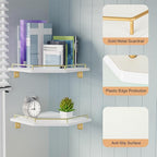 Tirzah White Wall Mount Corner Shelf with Gold Metal Guardrail, 2-Tier 9.5-inch Diamond-Shaped Wood Corner Floating Shelves for Home Decor Kitchen Organizer