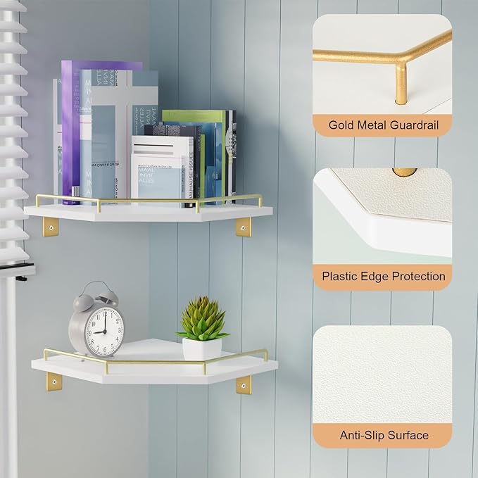 Tirzah White Wall Mount Corner Shelf with Gold Metal Guardrail, 2-Tier 9.5-inch Diamond-Shaped Wood Corner Floating Shelves for Home Decor Kitchen Organizer