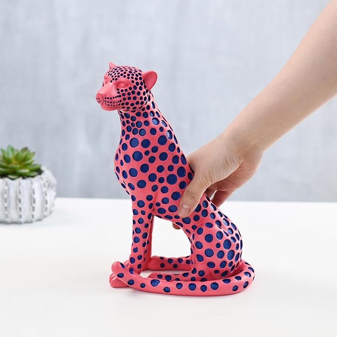 Quoowiit Statues for Home Decor, Modern Sculptures and Statues Decorations for Living Room, Bedroom, Table, Bookshelf, White Resin Leopard Art Decorative Sculpture with Black Polka Dots Design