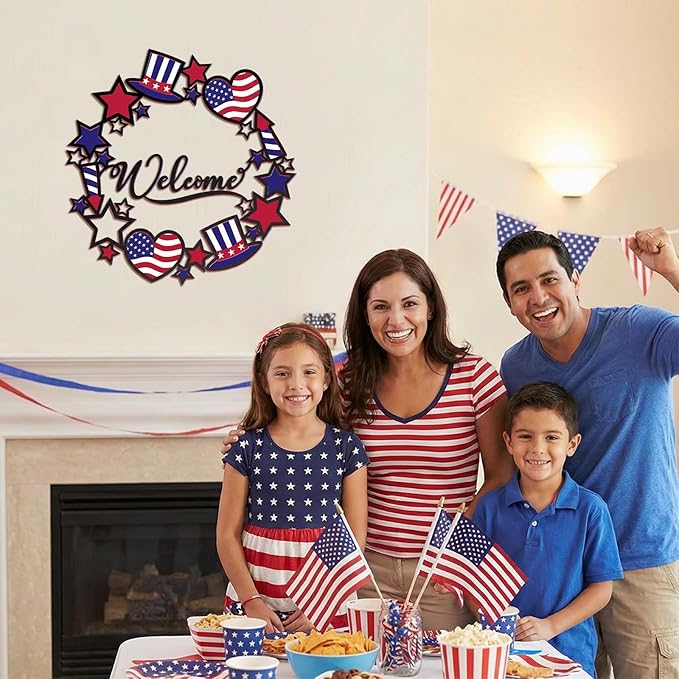 Bucherry 250th Anniversary Patriotic Metal Wreath for Front Door 12 Inch 4th of July Red White Blue Star Welcome Sign 1776-2026 Americana Independence Day Hanging Decor Vintage Rustic Porch Outdoor