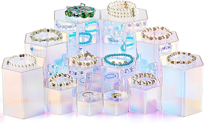 Jetec 12 Pcs Hexagonal Jewelry Display Risers Hexagonal Market Display Risers Stands Acrylic Showcase Acrylic Stand for Jewelry Model Figures Decoration, 6 Sizes (Rainbow Color)