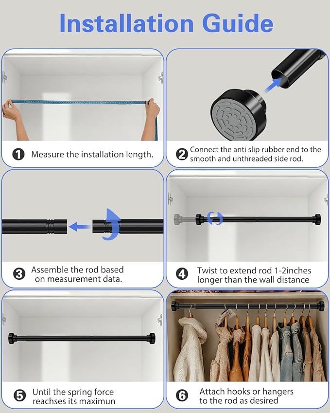 No Drilling Closet Rods for Hanging Clothes, Non Slip Tension Rod with Heavy Duty Clothes Hanging Rod, 17-28 Inches Adjustable Spring Closet Rod for Closet Wardrobe Bathroom Laundry RV, Black