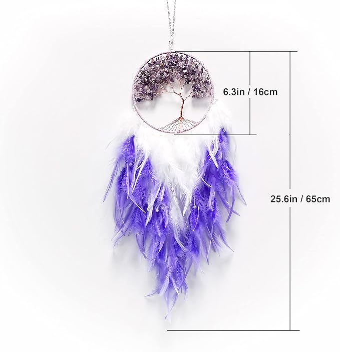 Dream Catchers, Purple Dream Catcher Tree of Life Wall Decor, with Natural Healing Crystal Stone, Perfect Handmade Dreamlike Crystal Dream Catcher for Bedroom Art Craft Gift
