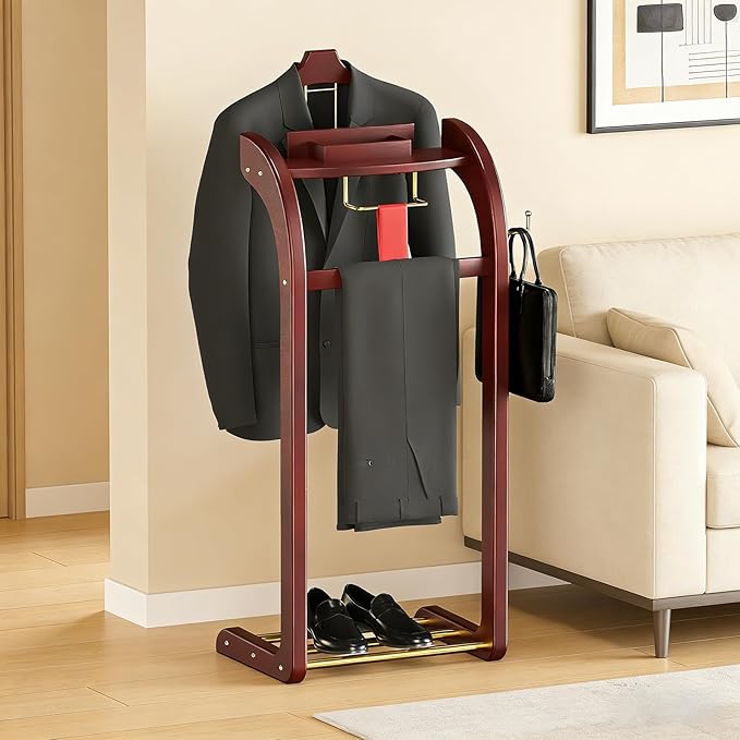Suit Valet Stands for Women and Men, Wood Valet Stand with Base, Wardrobe Suit Valet Stand Organizer with Trouser Bar and Tie Bar, for Office Living Room (Reddish-Brown)