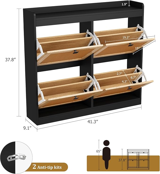 GarveeHome Shoe Cabinet Rattan with 4 Flip Drawers, Wooden Freestanding Shoe Organizer with Adjustable Shelves, Shoe Storage for Entryway, Closet, Hallway