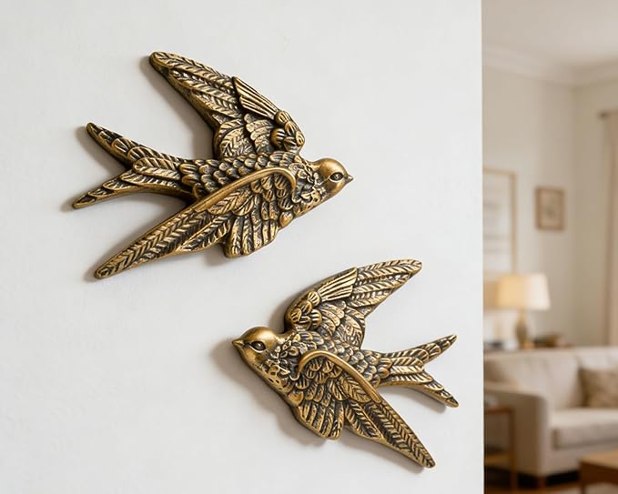 AMOIENSIS Bird Wall Sculpture Art, Set of 2, 4.75 Inch Resin Antique Gold Bird 3D Sculpted Floating Hanging Wall Decoration