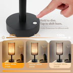 LALISU Small Table Lamp Nightstand Lamp Linen Lampshade Bedroom Wood Base Small Bedside Lamp for Night Stands, Desk Lamps for Reading Living Room, Office (LED Bulb Included) (Black and Cordless)