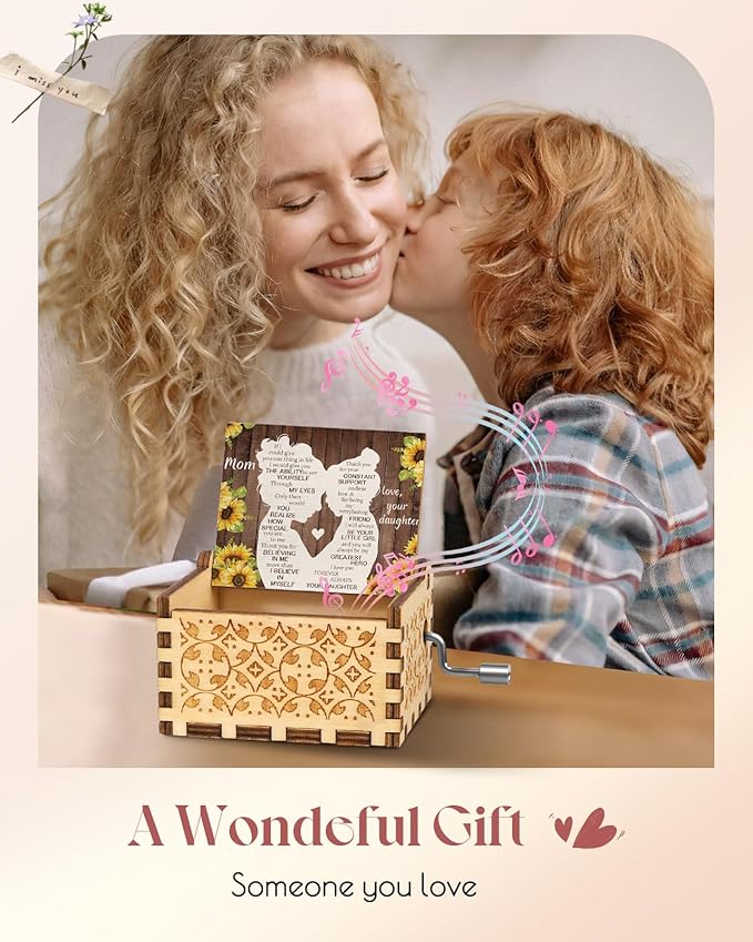Swooflia Mother's Day Wooden Music Box for Mom with Sunflower Greeting Card - Hand Crank Engraved Musical Box Vintage Mechanism Personalized Gifts for Women Grandma On Birthday